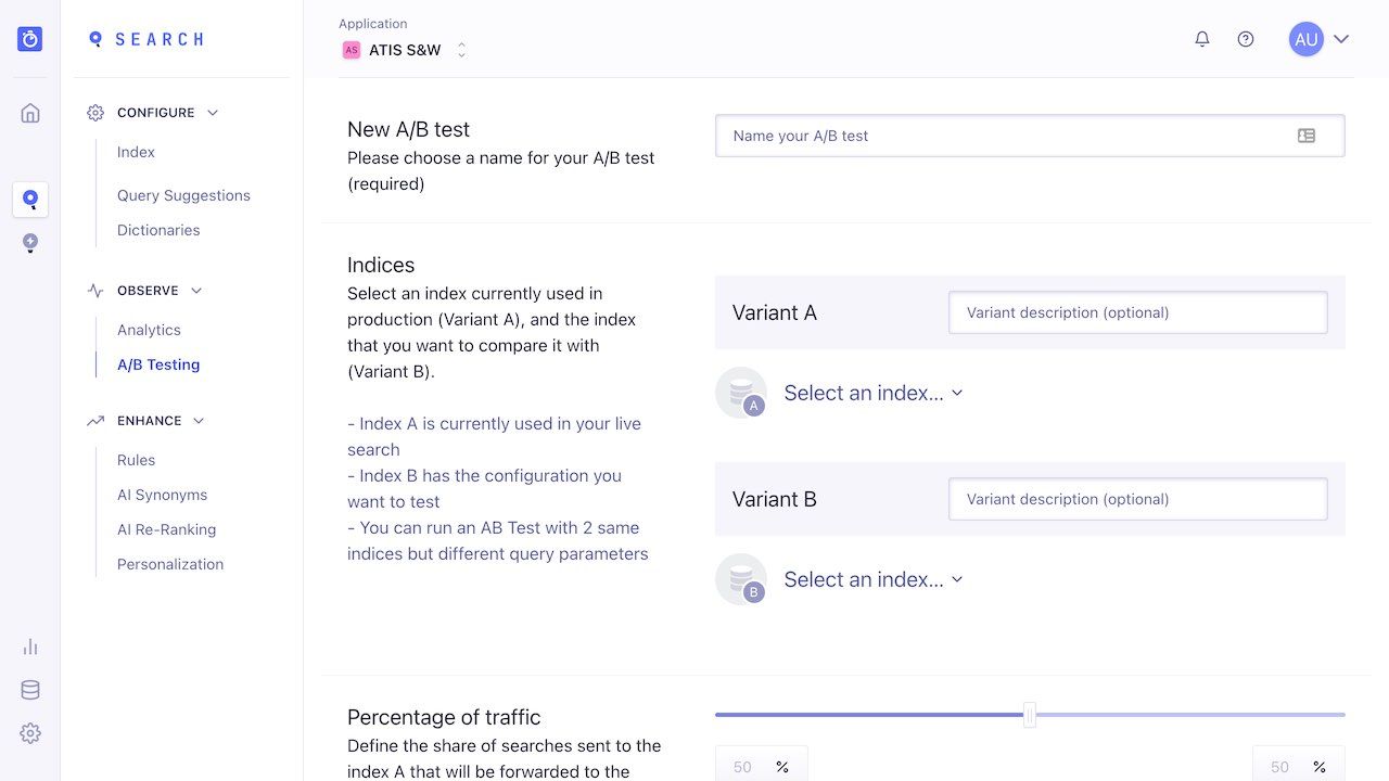 Create an AB test from the Algolia dashboard