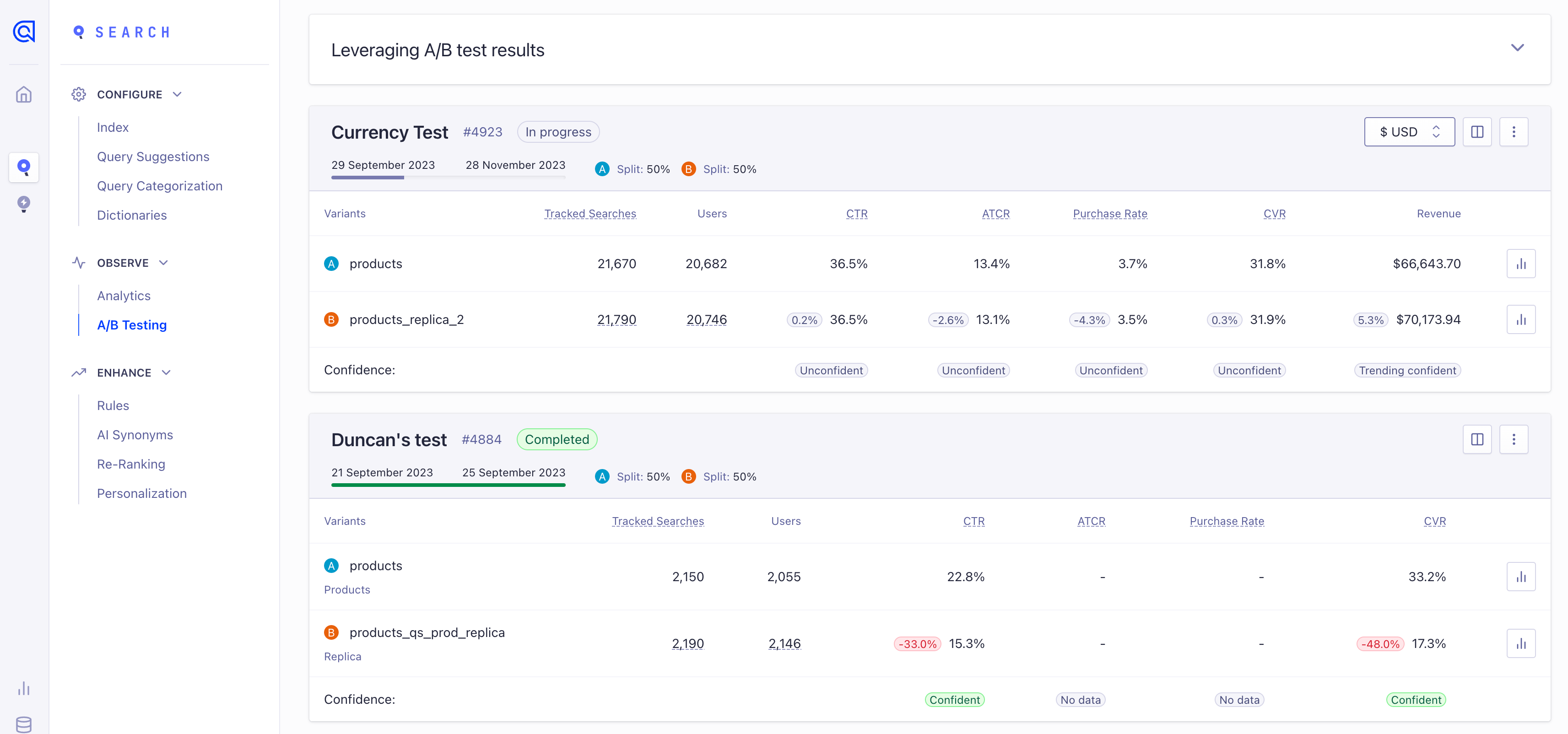 AB testing in the Algolia dashboard