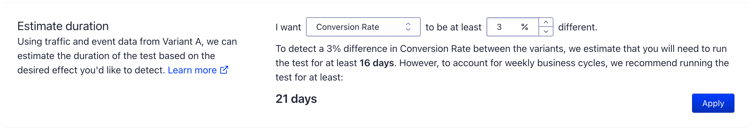 Estimate sample sizes during test creation