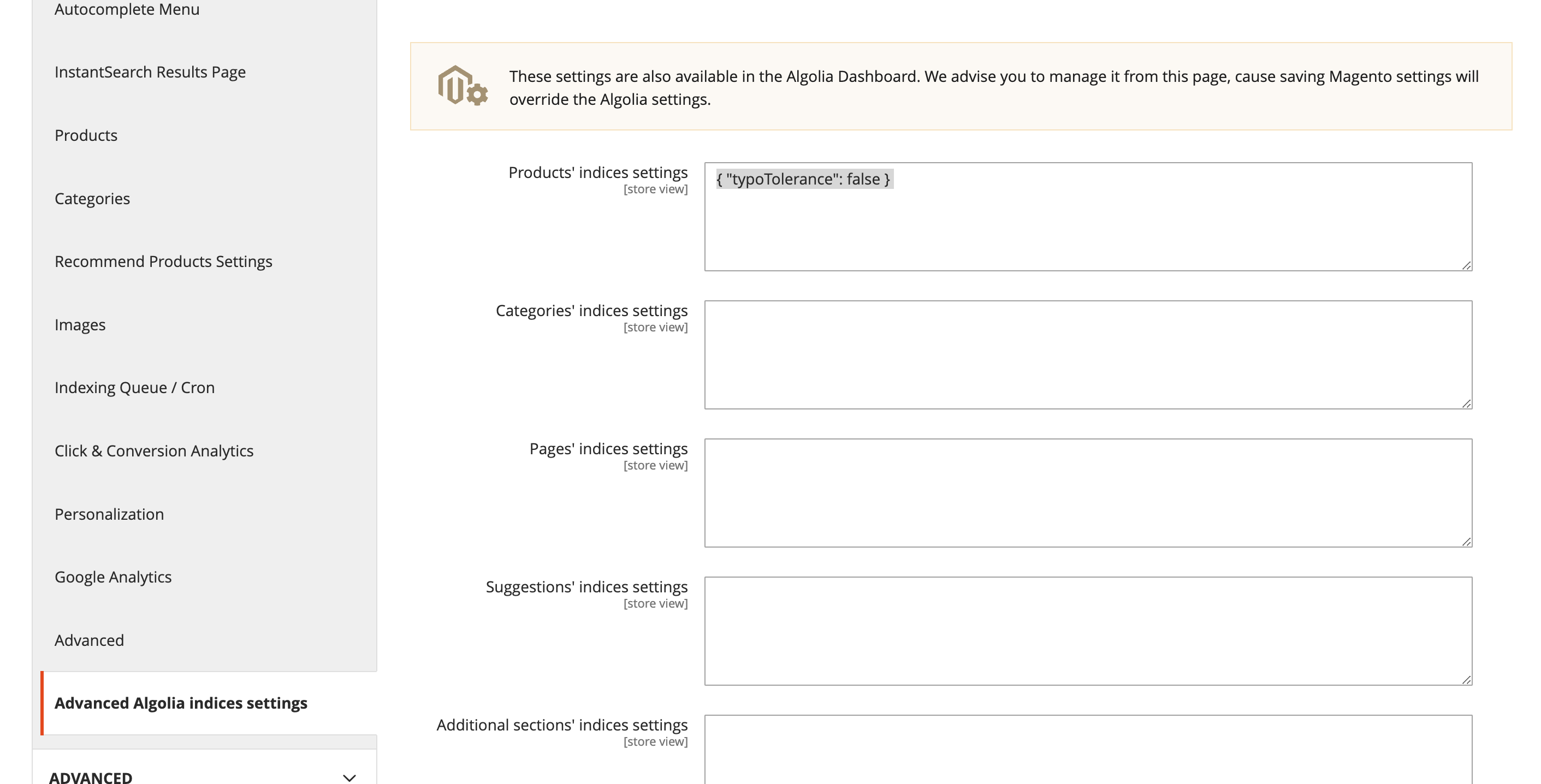 Example: Setting typo tolerance to a non-default value from the  Magento admin panel