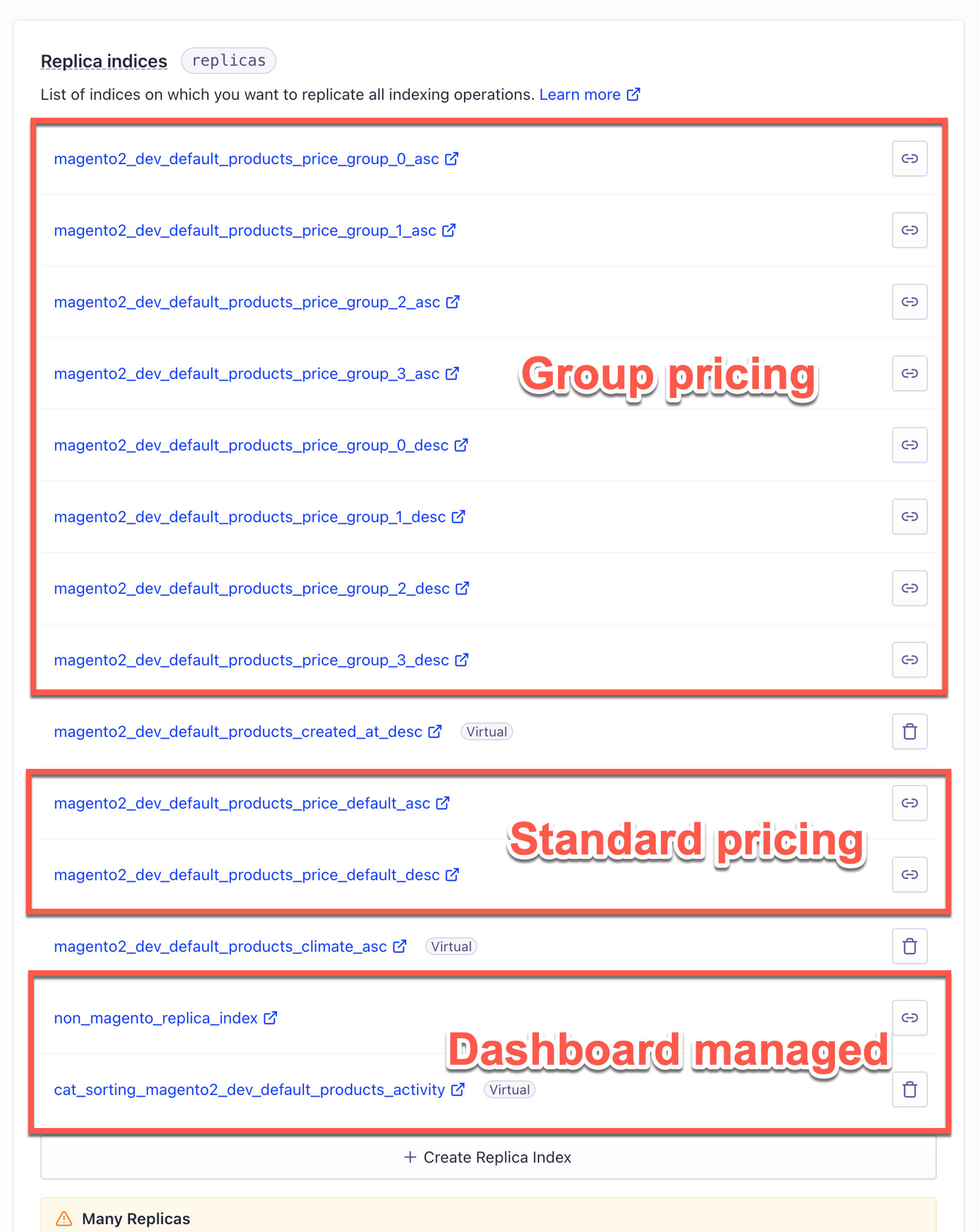 Example of an Algolia replicas setting configuration