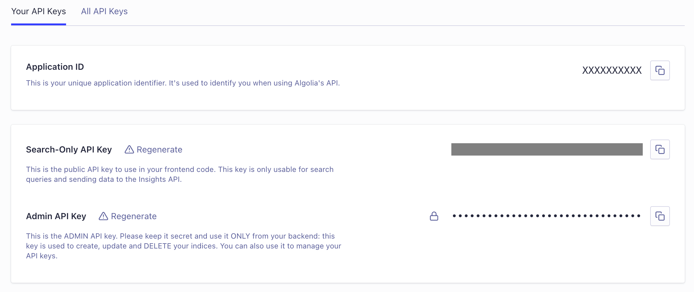 The API Keys page in the Algolia dashboard with fields for your application ID, search-only API key, and Admin API key. Copy these credentials to the Algolia AI Search & Discovery app