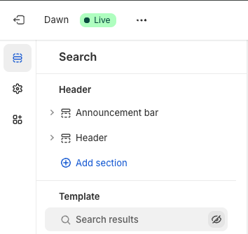 Click the eye icon to turn off the default Shopify search results template.