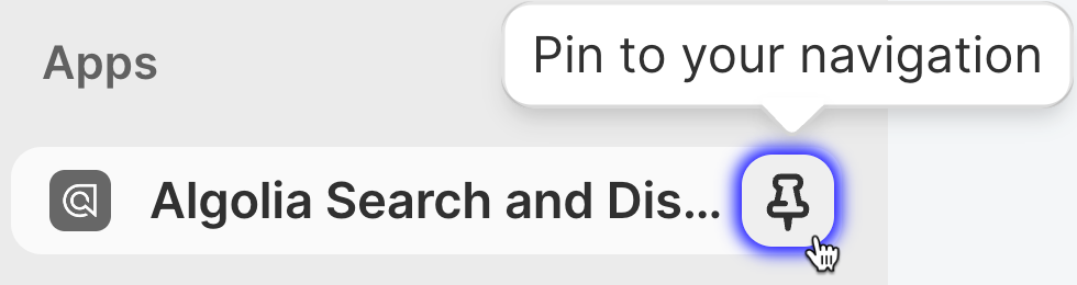 Sidebar in the Shopify admin with the Pin to your navigation button for the Algolia AI Search & Discovery app